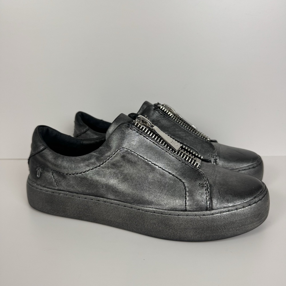 Frye Shoes Women's Sz 6.5 Lena Low Zip Up Leather Casual Sneaker Silver Metallic